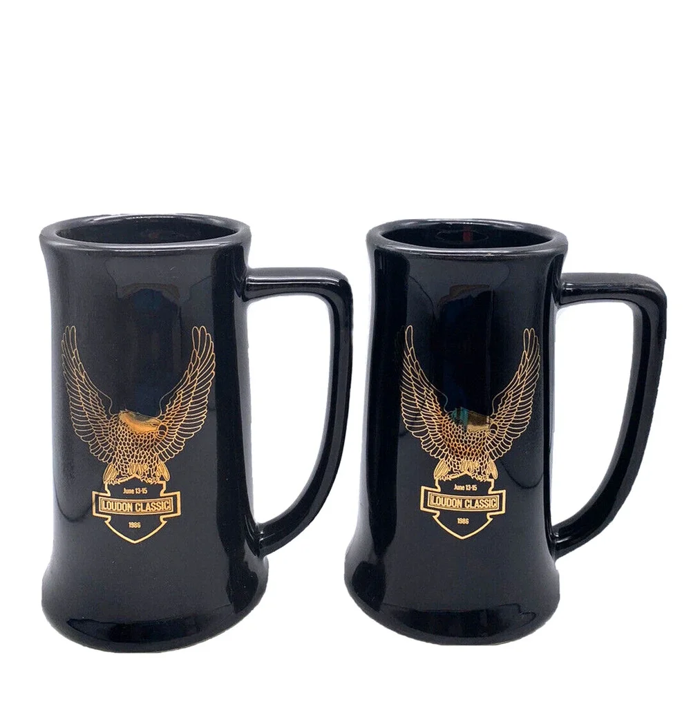 Set 2 Vintage 1986 Loudon Classic Beer Motorcycle Harley Racing Mugs Collectors
